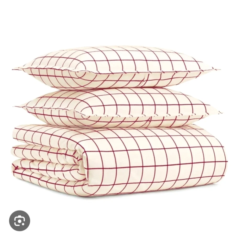 Queen Duvet Cover Pillow Sham Red Cream White Plaid Bedding Standard Textile - Picture 5 of 8